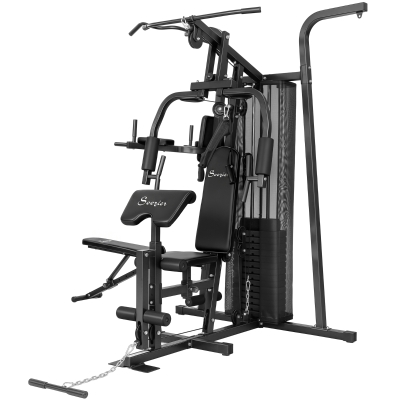 Soozier All-in-One Multi Home Gym Machine Workout Station with Weight Stack and Pulley System for Full Body Training, Black