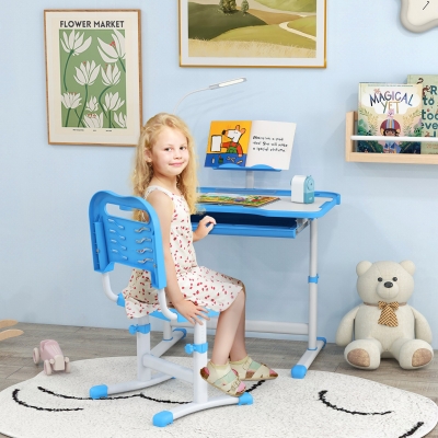 Qaba Kids Desk and Chair Set Height Adjustable Student Writing Desk Children School Study Table with Tilt Desktop, Blue