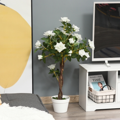 Outsunny 3FT Artificial Plant White Rose Floral in Pot, Fake Plant for Home Indoor Decor