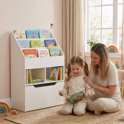 HOMCOM Kids Bookshelf Bookcase, Montessori-Inspired 4 Tier Large Capacity Rack Organizer with Moveable Drawer for Books for Reading Nook, Classroom, Bedroom, Playroom, White