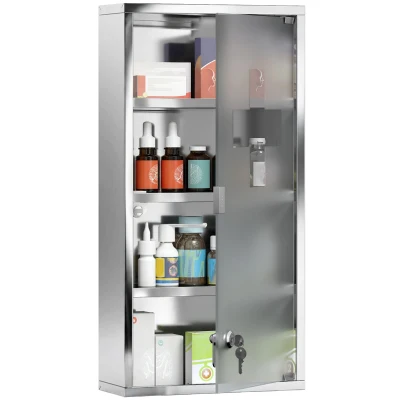 HOMCOM Wall Mount Medicine Cabinet, Bathroom Cabinet with 3 Tier Shelves, Stainless Steel Frame and Glass Door, Lockable with 2 Keys, Silver, 12" x 23.5"