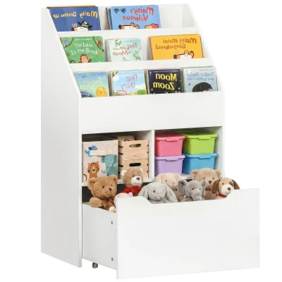 HOMCOM Kids Bookshelf Bookcase, Montessori-Inspired 4 Tier Large Capacity Rack Organizer with Moveable Drawer for Books for Reading Nook, Classroom, Bedroom, Playroom, White