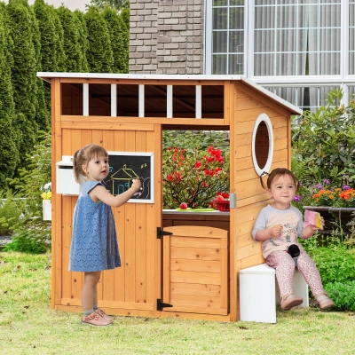 Outsunny Wooden Outdoor Playhouse for Kids with Working Door, Windows, Mailbox, Bench, Flowers Box and Blackboard, Yellow