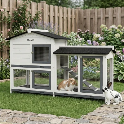 PawHut 62" Wooden Rabbit Hutch with Run Area, White
