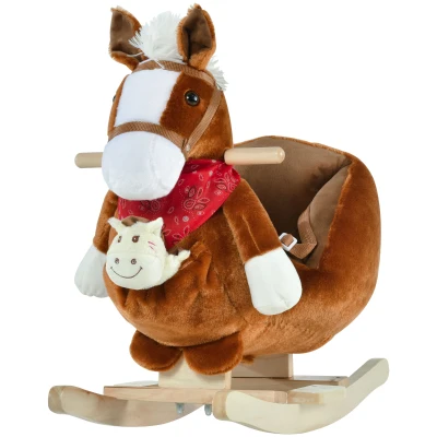 Qaba Baby Rocking Horse, Plush Animal Rocker for Toddlers Aged 18-36 Months, Stuffed Ride Toy with Hand Puppet, Sounds, Seat Belt, Brown