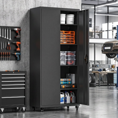 HOMCOM Metal Storage Cabinet, 71" Tall Lockable Steel Tool Cabinet with Removable Wheels and Adjustable Shelves, Black