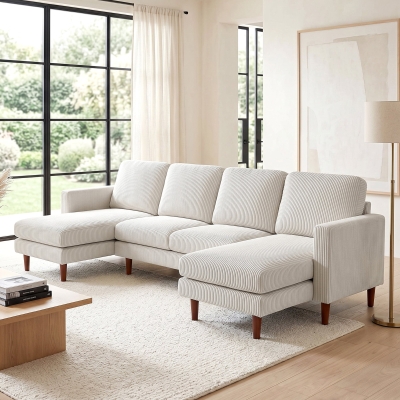 HOMCOM Sectional Sofa, Corduroy U Shaped Couch with Double Chaise and Spring Cushions, 2200lb Capacity, Beige