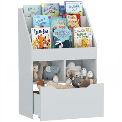 HOMCOM Kids Bookcase Multi-Shelf Rack Organizer with Storage Drawer for Books for Reading Nook, Classroom, Bedroom, Playroom, Grey