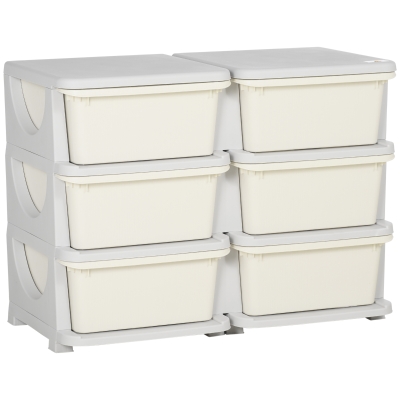 Qaba 3-Tier Kids Storage Unit, 6 Drawer Toy Organizer, Cream White