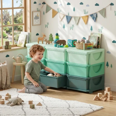 Qaba Kids 3-Tier Storage Organizer with 9 Drawers, Green