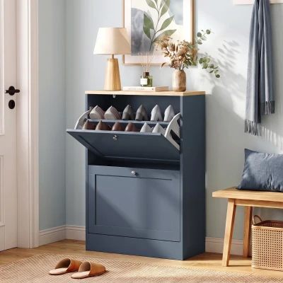 HOMCOM Modern Slim Shoe Cabinet, 2 Flip Drawers, Adjustable, Blue