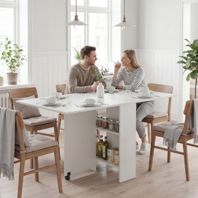 HOMCOM Extendable Dining Table, Collapsible Folding Table w/ 2-tier Shelves and Rolling Casters, White
