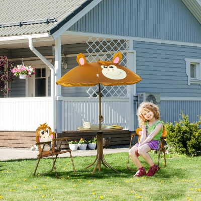 Outsunny Kids Folding Picnic Table and Chair Set Pattern Outdoor Garden Patio Backyard with Removable & Height Adjustable Sun Umbrella Brown