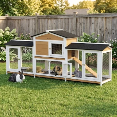 PawHut 90.5" Wooden Rabbit Hutch with Double Run, White