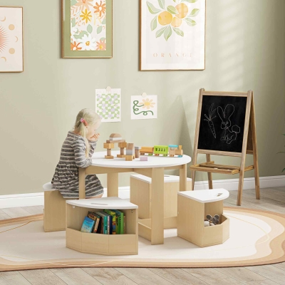 Qaba 5 Piece Kids Table and Chair Set with Storage for Kids Room, White