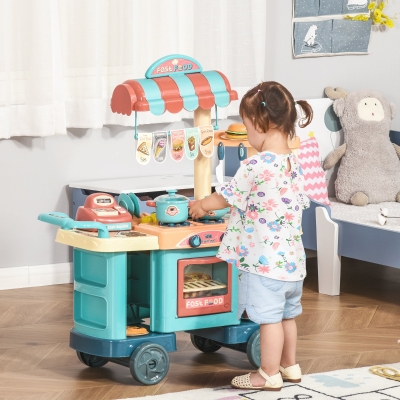 Qaba 50 Pcs Kids Grocery Store Playset Cash Register Toy with Shopping Cart, Pretend Playset Multi-Functional Kitchen Supermarket Gift for Boys Girls Age 3 4 5 6