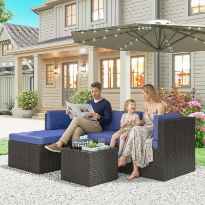 Outsunny 3 Piece Wicker Patio Furniture Set with Cushions, Navy Blue