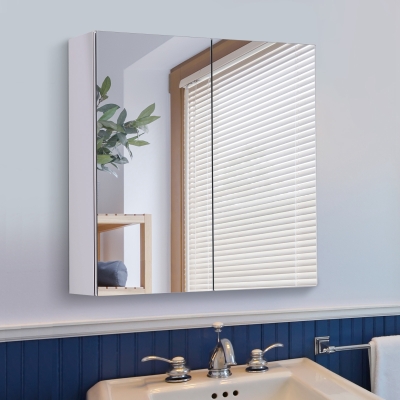 HOMCOM Wall Mounted Mirror Cabinet, Bathroom Medicine Cabinet with Mirror, 2 Doors and 3-tier Shelving, Silver