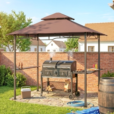 Outsunny 8' x 5' BBQ Grill Gazebo Tent with Double Tiered Canopy for Outdoor Sun Shade, Coffee