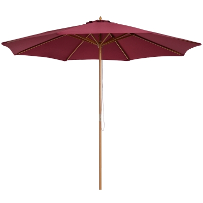 Outsunny 10' x 8' Bamboo Wooden Round Market Patio Sun Umbrella, Garden Parasol, Outdoor Sunshade Canopy, Wine Red