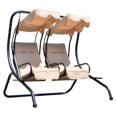 Outsunny Luxury Porch Swing Metal Outdoor Swing Chair 2 Separated Seater Hammock Heavy-Duty with Canopy and Cushions, Beige