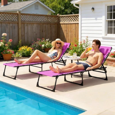 Outsunny 2 Folding Chaise Lounge Chairs, 4-Position Reclining, Purple