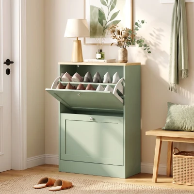 HOMCOM Modern Slim Shoe Cabinet, 2 Flip Drawers, Adjustable Shelves, Green
