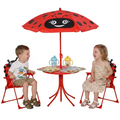 Outsunny Children Table and Chair Set Outdoor, Kids Folding Picnic Table and Chair Set with Removable & Height Adjustable Sun Umbrella for Garden Backyard, Ladybug Pattern, Red