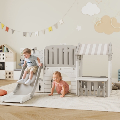 Qaba 7-in-1 Toddler Slide, Kids Slide Climber Playset with Playhouse and Basketball Hoop for 1-4 Years, Grey