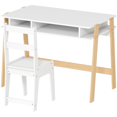 Qaba Kids Desk & Chair Set with Storage, for Ages 3-12, White