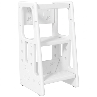 Qaba Toddler Kitchen Helper 2 Step Stool with Adjustable Height Platform and Safety Rail, White