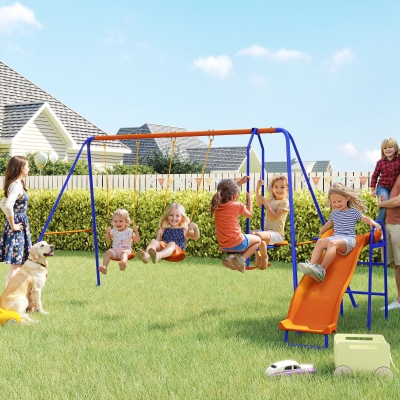 Outsunny 4 in 1 Metal Swing Set with Double Swings, Glider, Slide, Ladder for Backyard, Outdoor, Playground, Multicoloured