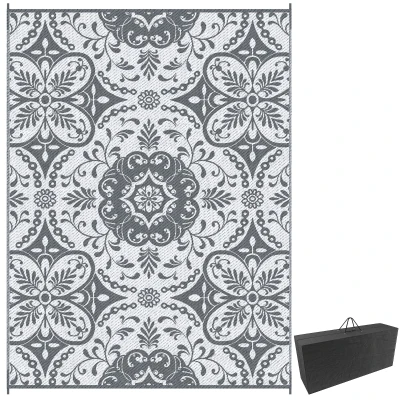Outsunny Portable Outdoor Rug with Carry Bag, 9' x 12' Reversible Mat, Waterproof Plastic Straw RV Rug for Backyard, Deck, Picnic, Beach, Camping, Gray & White Flower