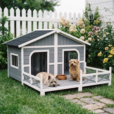 PawHut Large Weatherproof Dog House with Porch, Gray