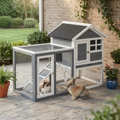 PawHut 48" Weatherproof Rabbit Hutch with Outdoor Run, Gray