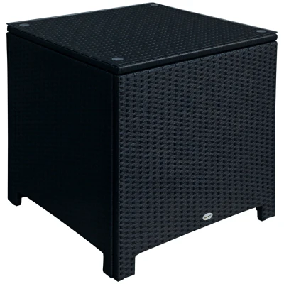 Outsunny Rattan Side Table Wicker Coffee Table with Glass Top Outdoor Patio Furniture For Patio Poolside Garden Lawn, Black