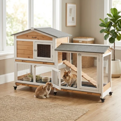 PawHut 62" Wooden Rabbit Hutch with Wheels, Yellow