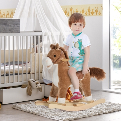 Qaba Kids Rocking Horse Plush Animal on Wooden Rockers with Sounds, Wooden Base, Baby Rocking Chair, Brown