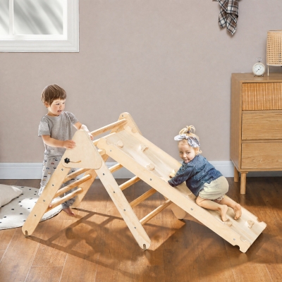 Qaba Pikler Triangle Set, 3 in 1 Climbing Toys with Ramp for Toddlers, Nature Wood