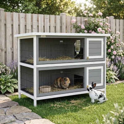 PawHut 54" 2-Story Rabbit Hutch, Wooden Pet House, Dark Gray
