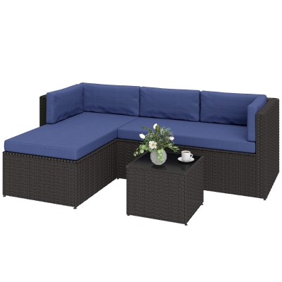 Outsunny 3 Piece Wicker Patio Furniture Set with Cushions, Navy Blue