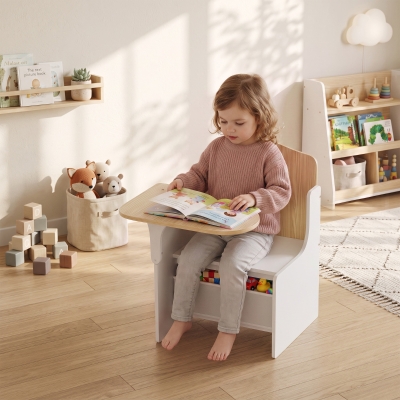 Qaba Kids Table and Chair Set, Children Desk and Chair with Storage Bin for Playing, Reading, Painting, for Ages 3-5, White