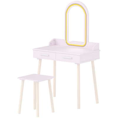 Qaba Kids Dressing Table, Girls Vanity Set with Stool, 3-Colour LED Lights Mirror, Large Drawer for Ages 3-8, Pink