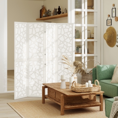 HOMCOM 4 Panel Room Divider, 5.6 FT Lightweight Folding Privacy Screen with Geometric Pattern for Living Room, Bedroom, White