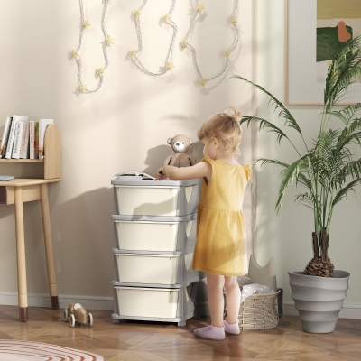 Qaba 4 Tier Kids Toy Organizer and Storage Bins with 4 Plastic Drawers, Cream White