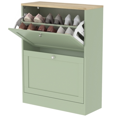 HOMCOM Modern Slim Shoe Cabinet, 2 Flip Drawers, Adjustable Shelves, Green