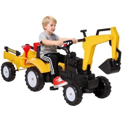 Aosom Digger Ride-on Truck, Excavator Toy with Trailer, Yellow