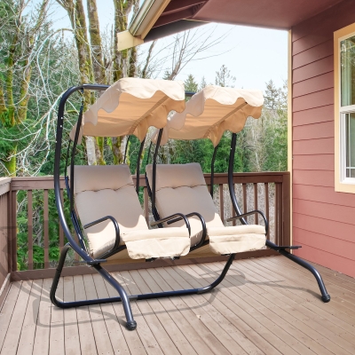Outsunny Luxury Porch Swing Metal Outdoor Swing Chair 2 Separated Seater Hammock Heavy-Duty with Canopy and Cushions, Beige