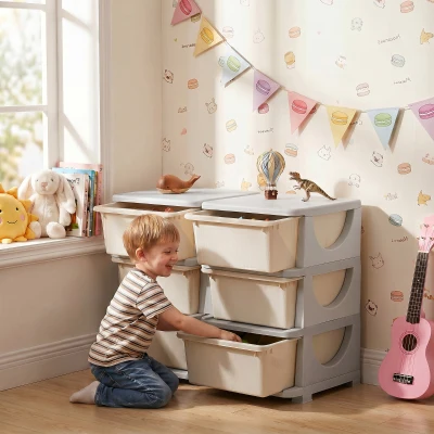 Qaba 3-Tier Kids Storage Unit, 6 Drawer Toy Organizer, Cream White