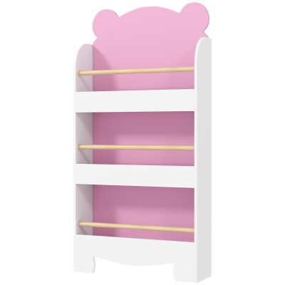 Qaba 3-Tier Bear Theme Kids Bookshelf with Anti-tipping Device for Living Room, Kids Room, Playroom, Pink